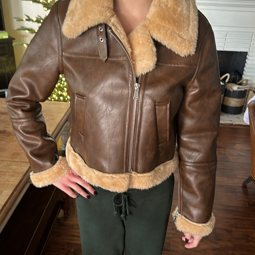 Urban outfitter faux brown leather and fur lined jacket